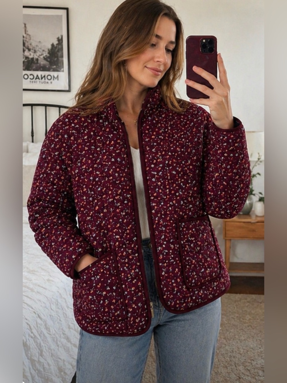 Lulus Burgundy Floral Quilted Puffer Jacket Women’s L EUC 🩷